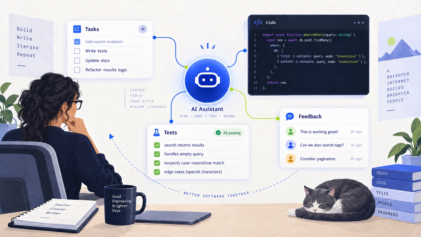 Editorial illustration of a bounded developer workspace selecting a focused task from repository noise.